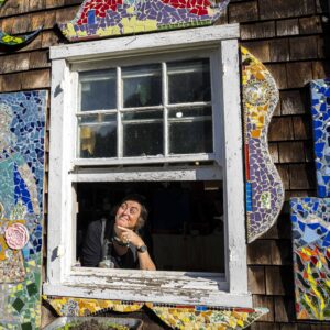 Woman in studio window